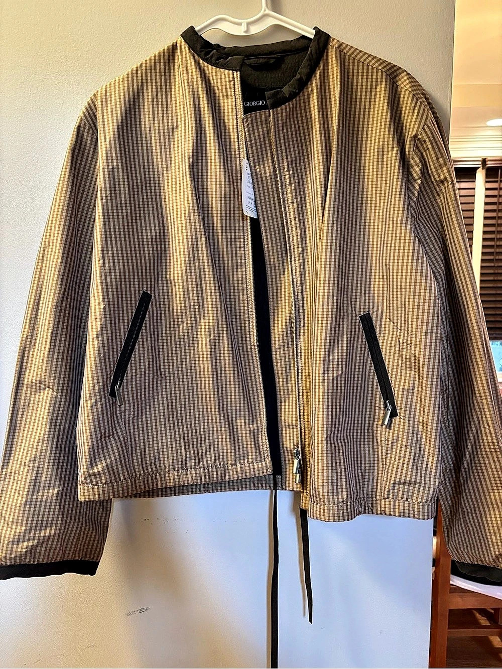 Vintage Giorgio Armani Men's Gingham Lightweight Jacket Brown & White Size 46
